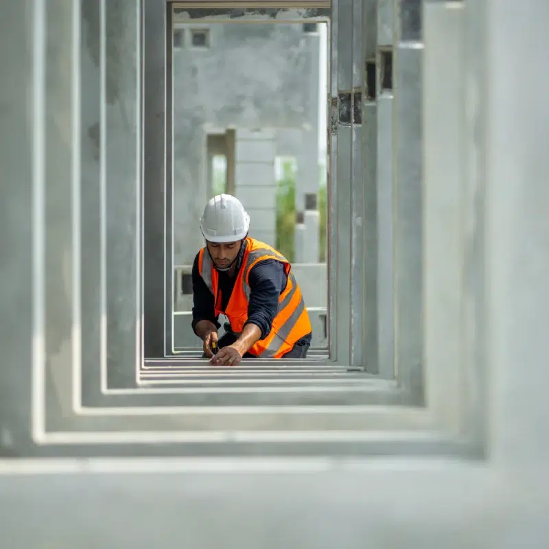 Ouvrier mesurant sur un chantier